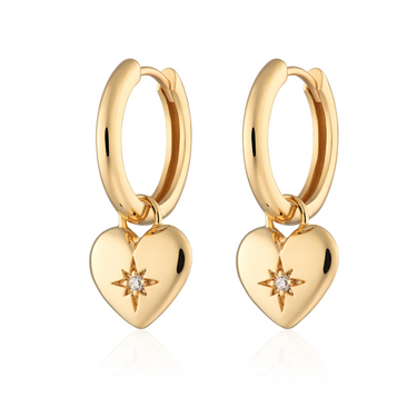 Puffed Heart Charm Hoop Earrings Gold